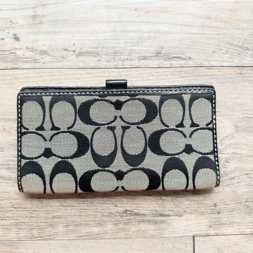 Coach Signature Jacquard Black Gray Long Bifold Wallet Checkbook Organizer Y2K